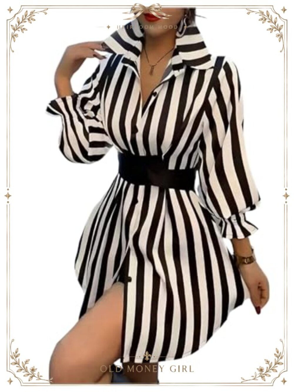 Striped Button Down Midi Dress Belted Waist A-Line Polyester